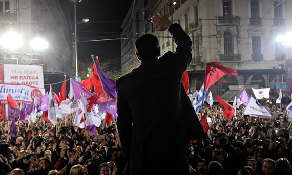 The leader of Syriza, Alexis Tsipras, waves to supporters at a rally in Athens, 22 January 22, 2015.